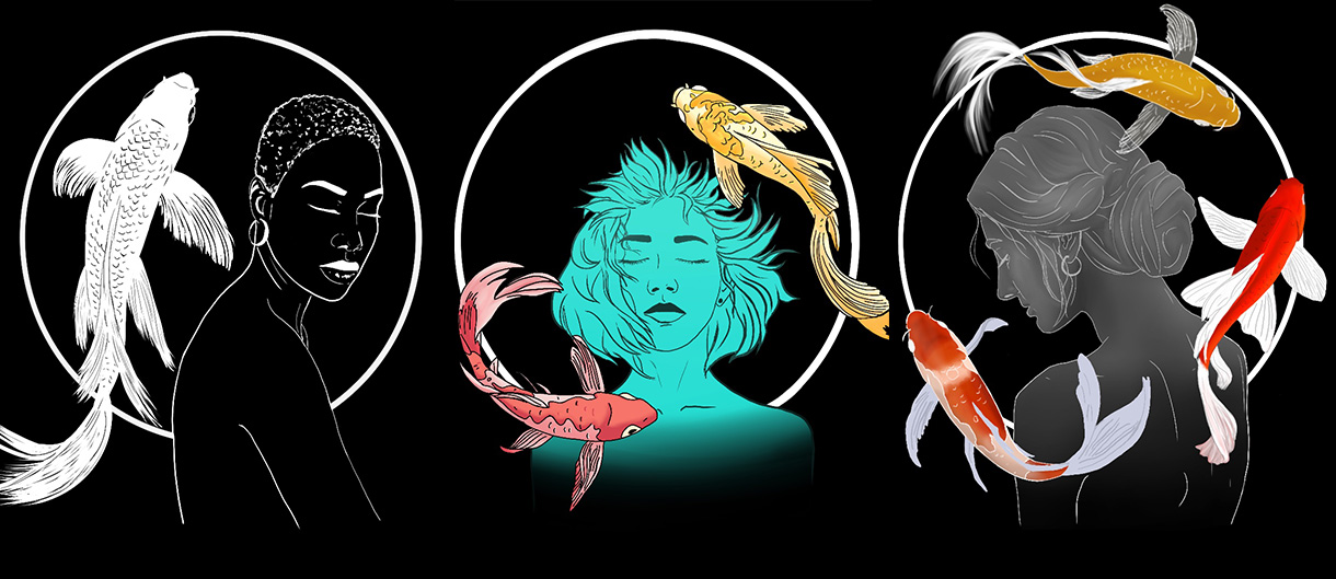Three women in a row with koi fish. Each woman and their koi fish represent a different principle.