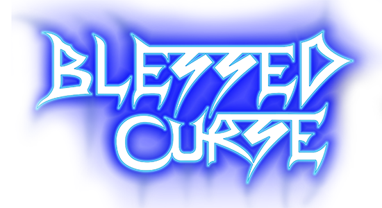 White and blue glowing Blessed Curse logo.