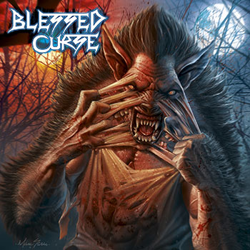 Waist-up werewolf tearing it's human skin off revealing the wolf form underneath with blue Blessed Curse logo album cover.