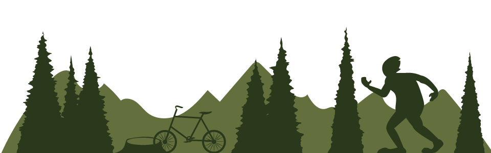 Illustration of a forest with a bike and Bigfoot