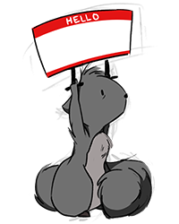 A drawing of a squirrel holding a hello sign 
