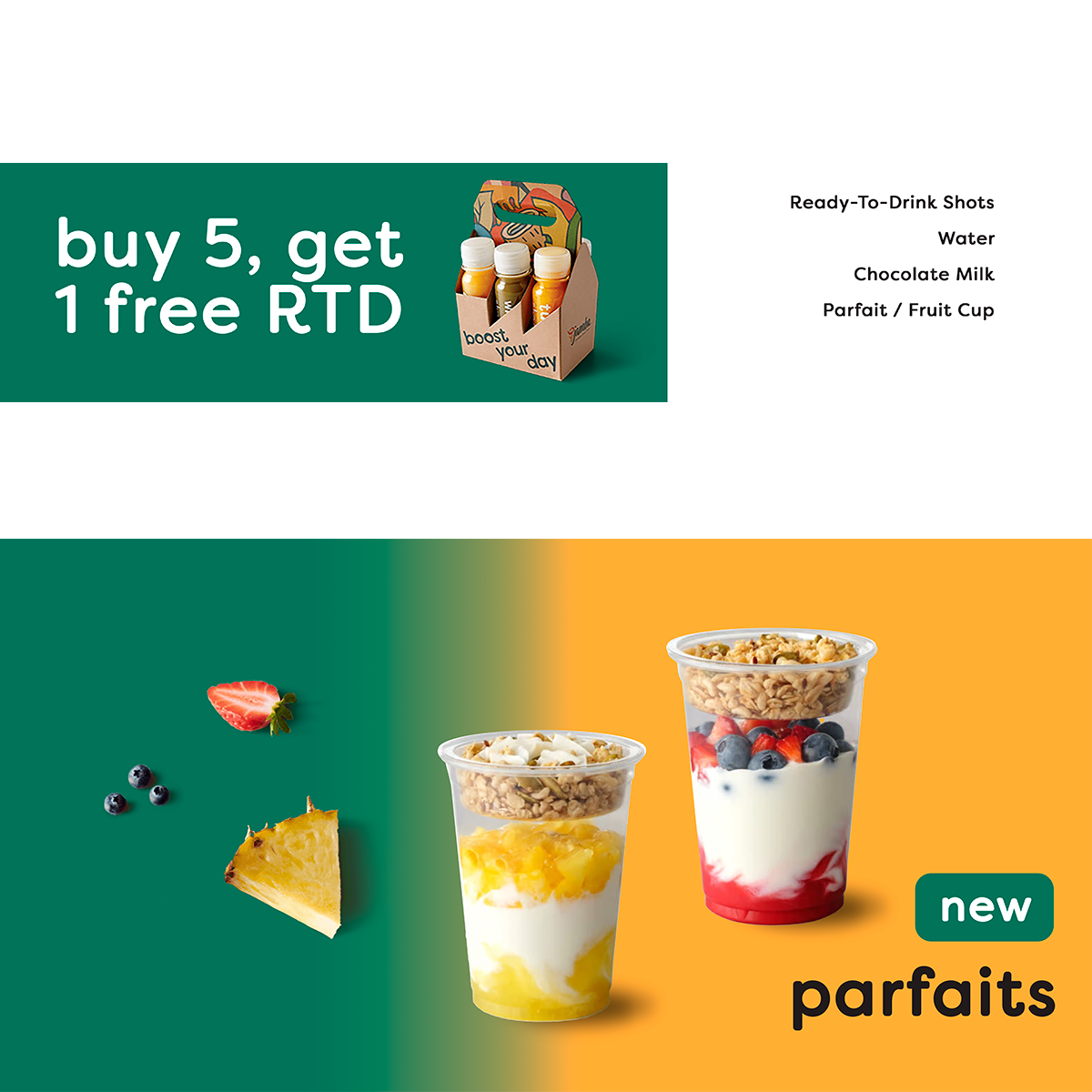 A Jamba advertisement that reads 'Buy 5, get 1 free RTD (Ready-To-Drink)' and 'New Parfaits'.