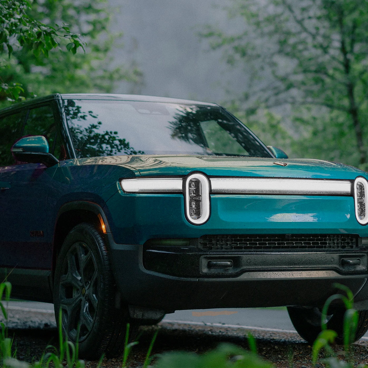 A blue Rivian SUV surrounded by green foliage