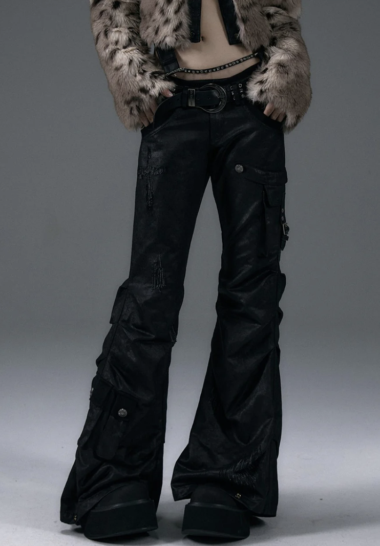 black leather pants with slightly flared bottoms
