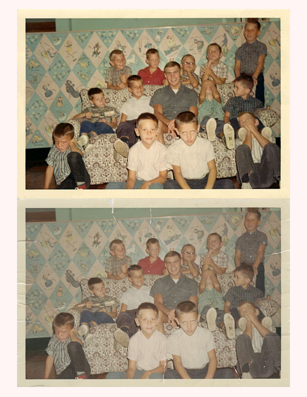 before and after of a photo restoration including crease removals and color-corrections