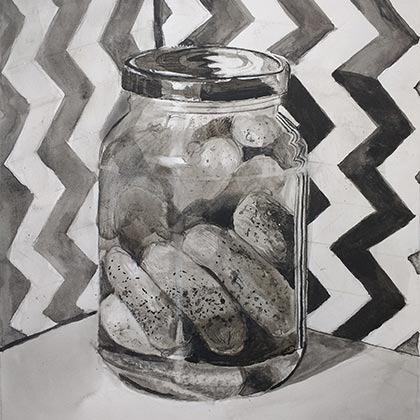 An ink piece depicting a jar of pickles in front of striped background