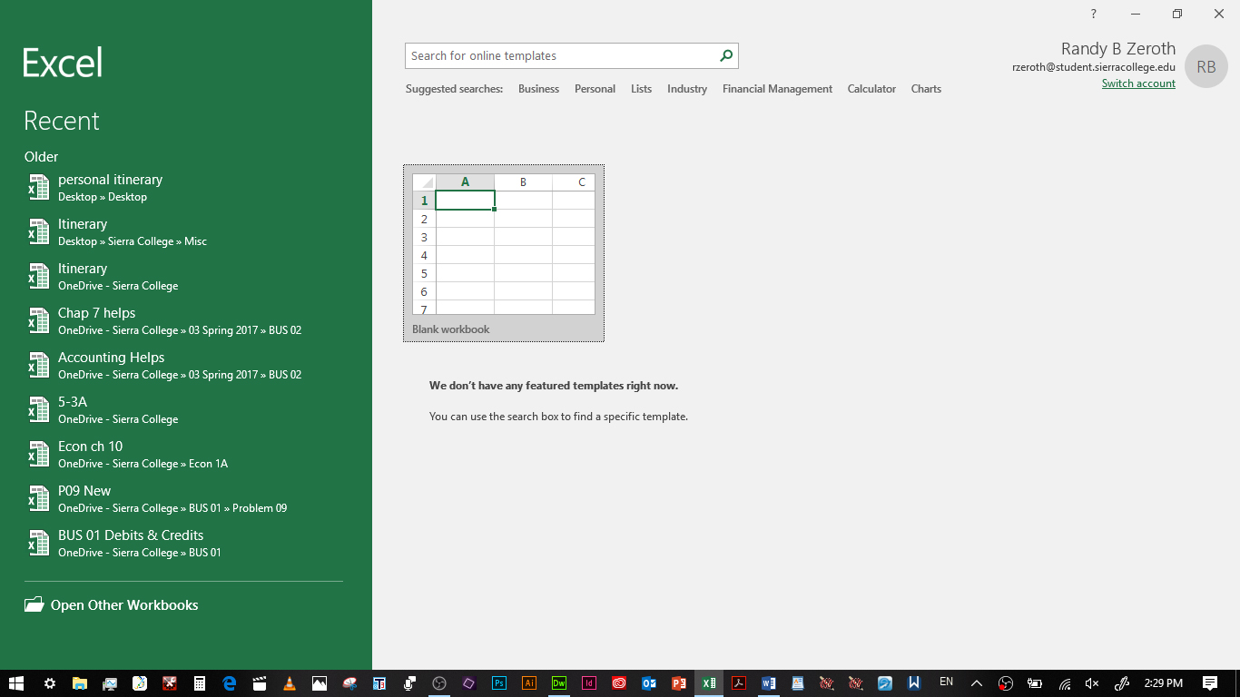 picture of the opening screen for Microsoft Office Excel