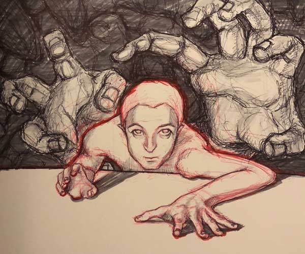 Figure climbing into the light