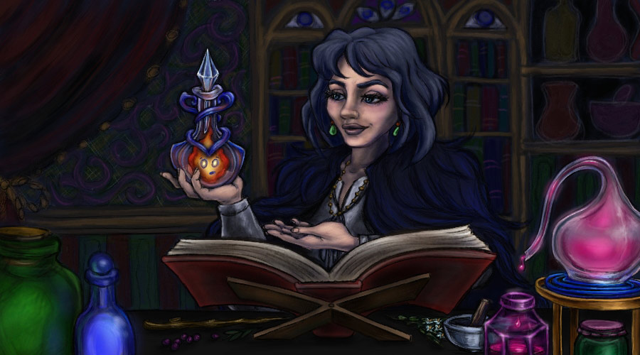 The witch, Serenity, with potions in front of her spellbook